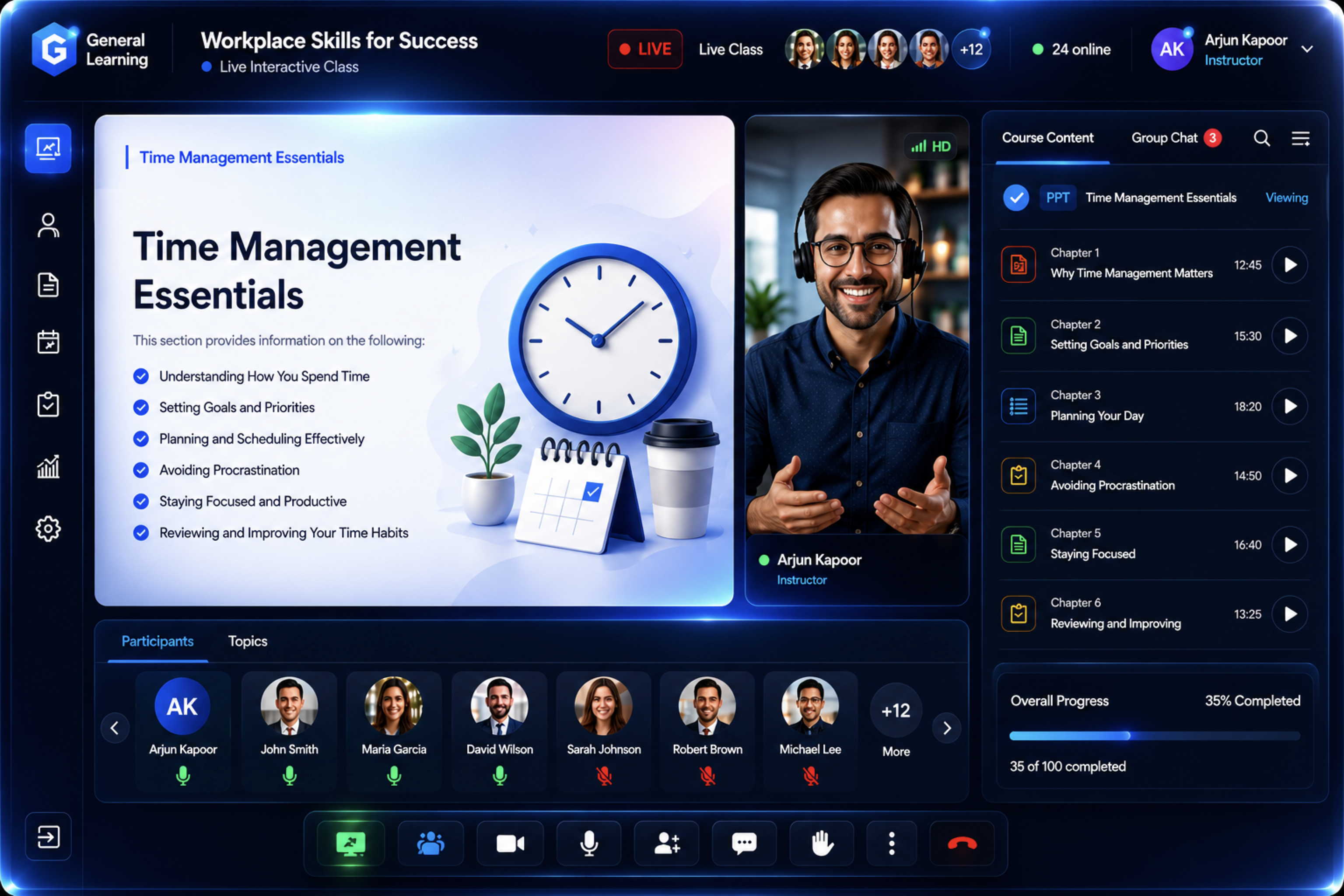 knewr live interactive class — course slide, instructor video, participants, course content panel and classroom controls