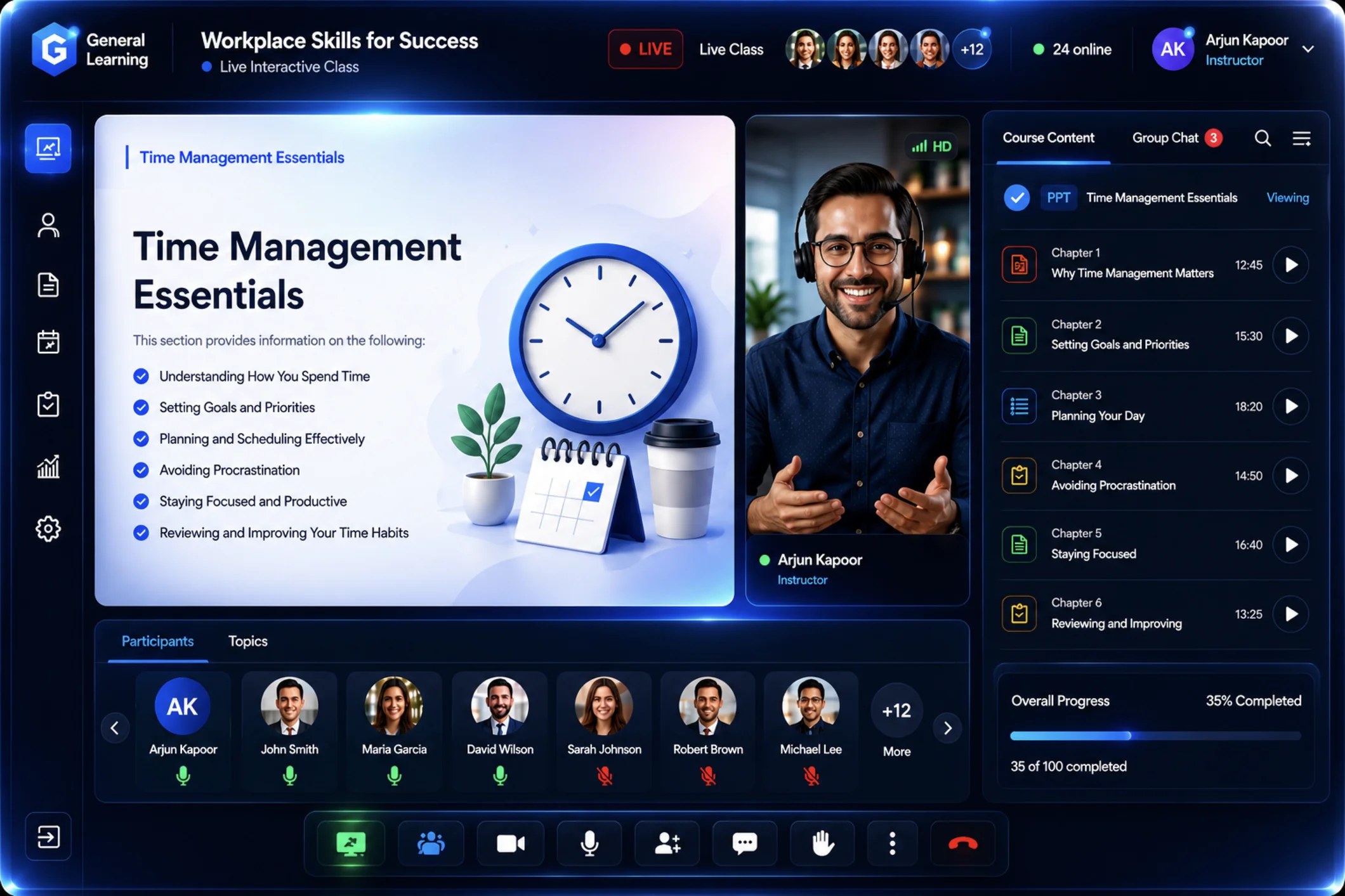knewr live interactive class — course slide, instructor video, participants, course content panel and classroom controls