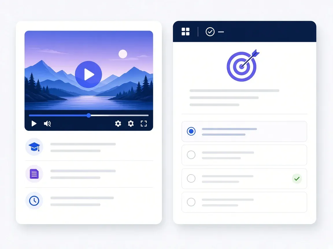 Course lesson with a video player beside a quiz and learning objectives