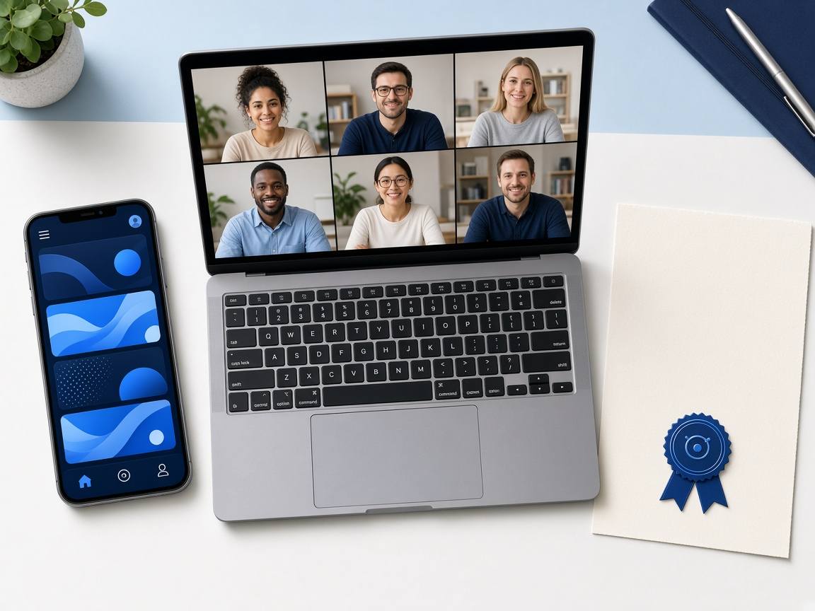 Branded mobile app, live class, and completion certificate on a desk
