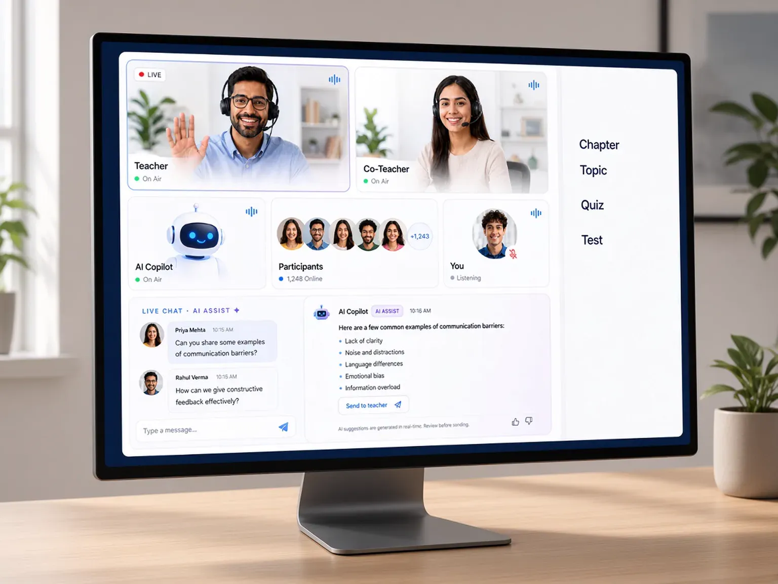 Live class screen beside a course outline of chapter, topic, quiz, and test