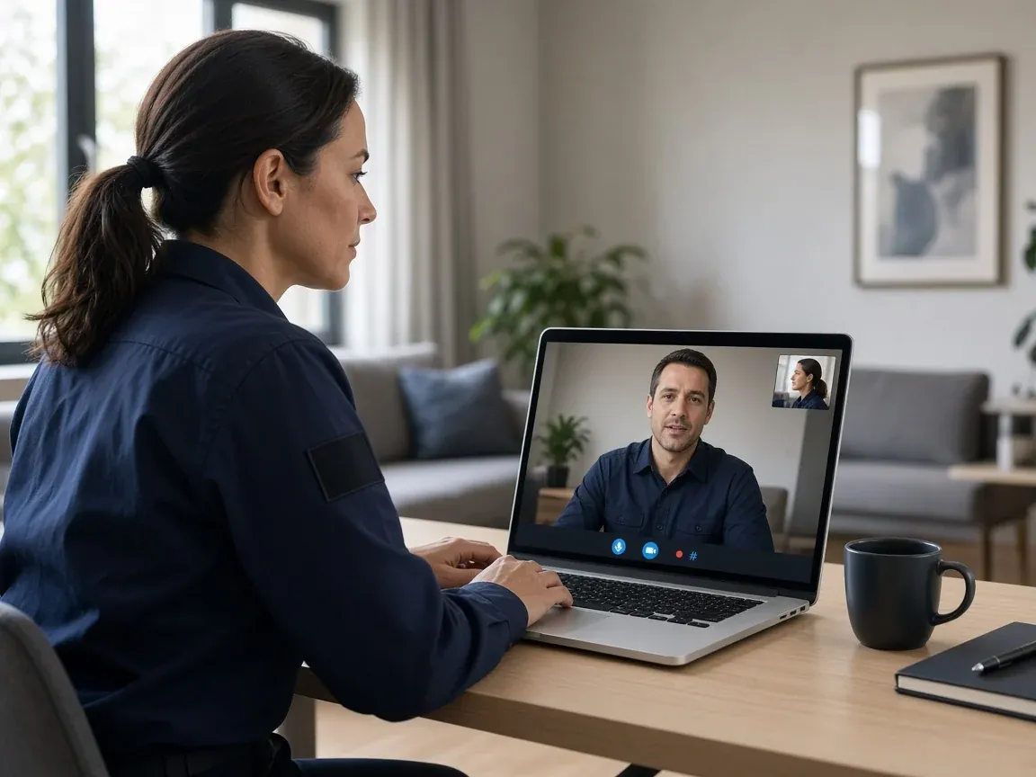 Security trainee joining a live online class from a laptop