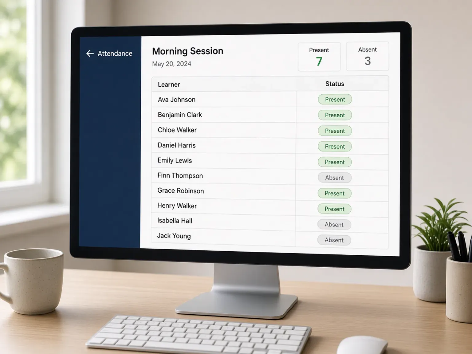 Attendance screen for a morning live session listing learners as present or absent
