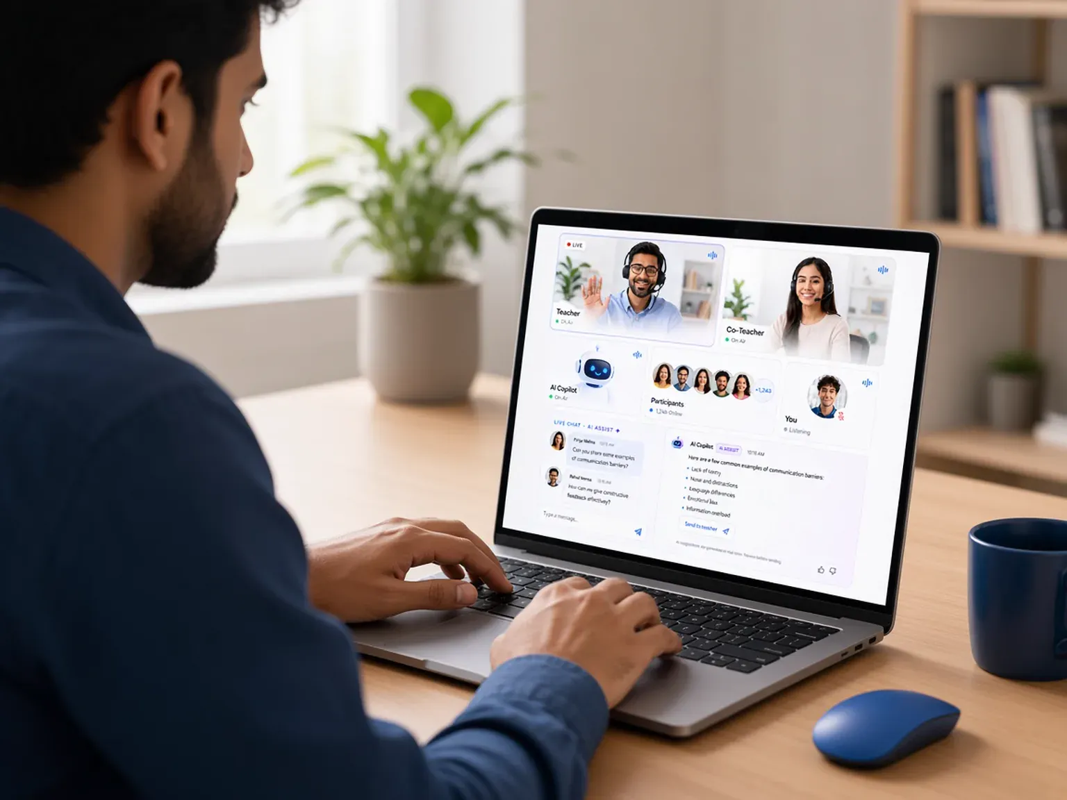 Adult learner joining a live online class with a teacher, co-teacher, and AI copilot