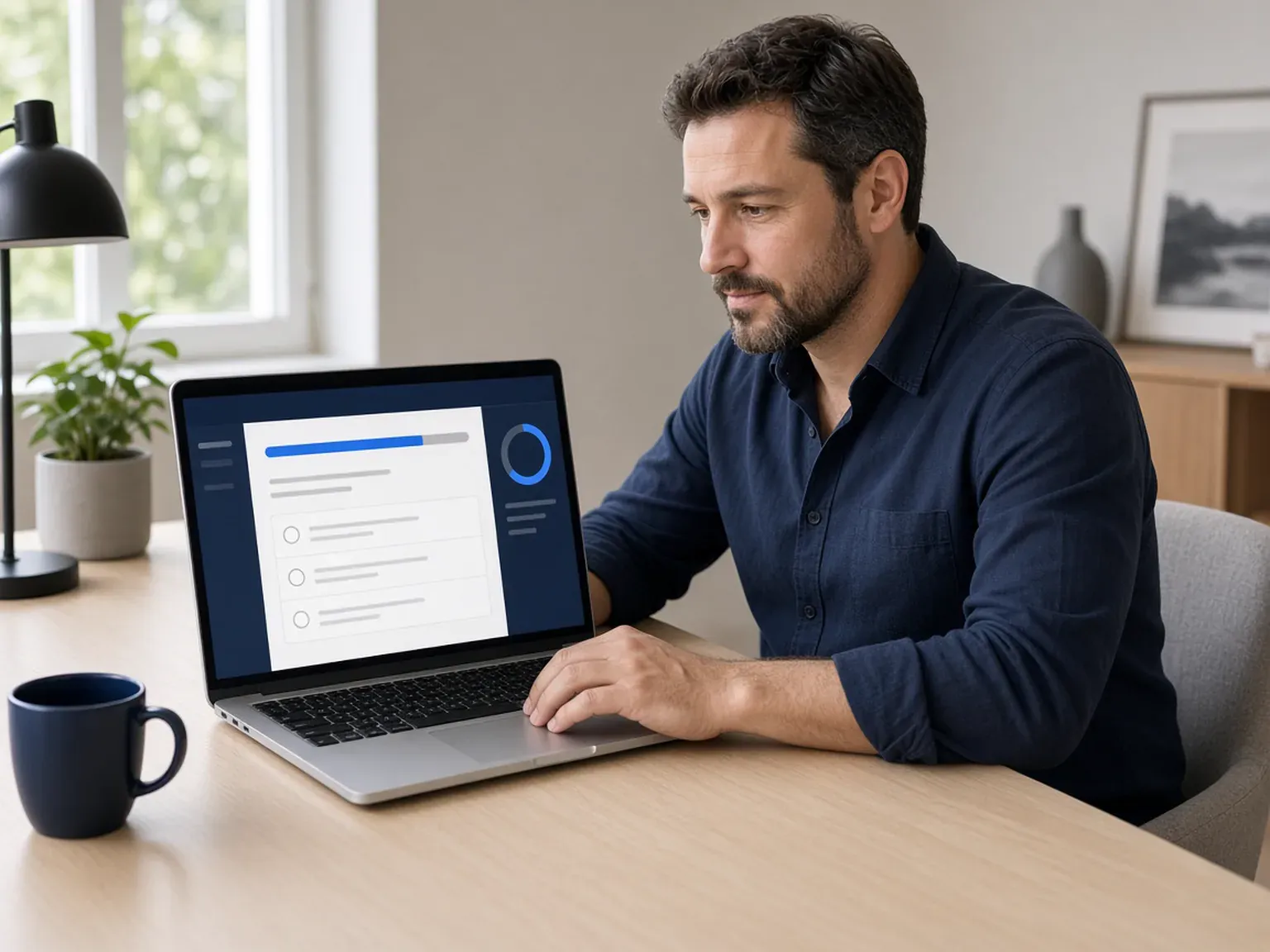 Adult learner completing an online test on a laptop in a quiet workspace