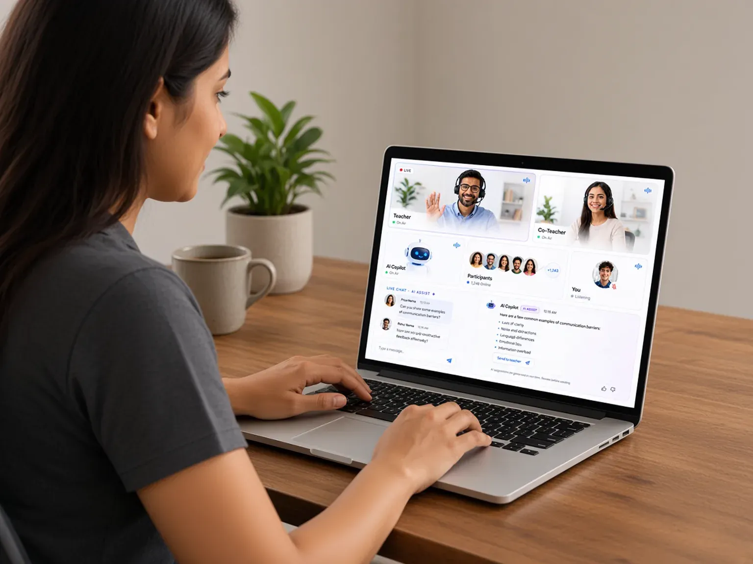 Security professional in a plain grey shirt completing a live online class at a home desk