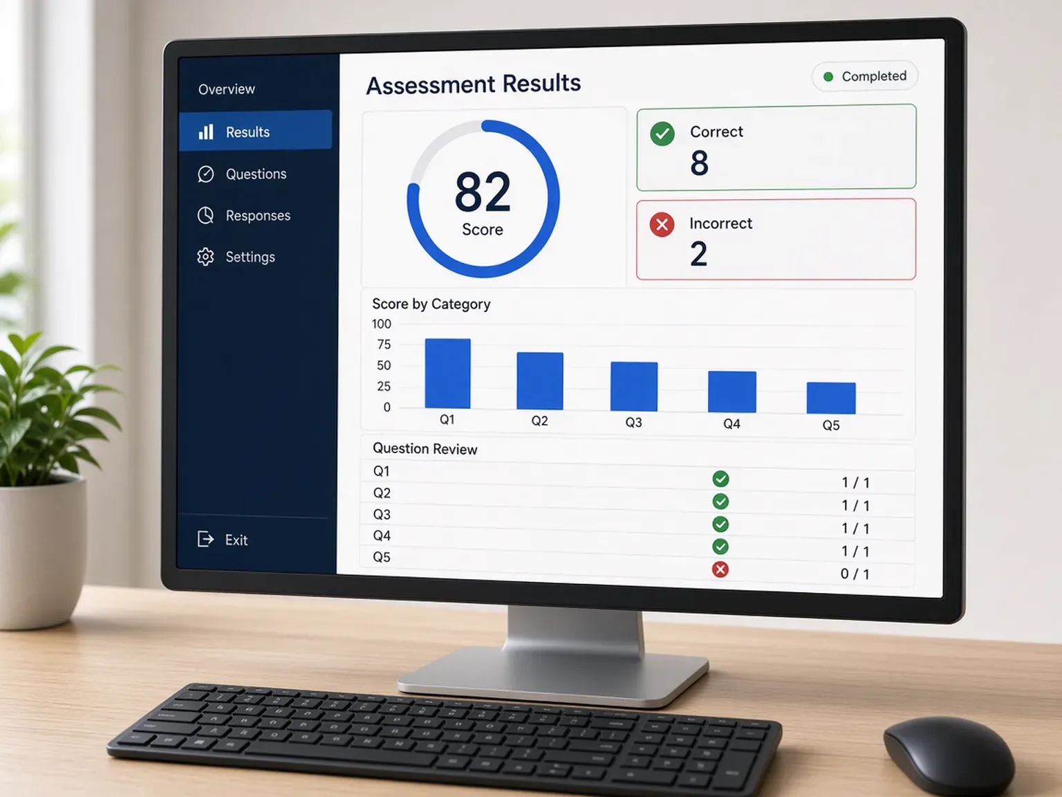 Assessment results dashboard with a score, correct and incorrect counts, and question review