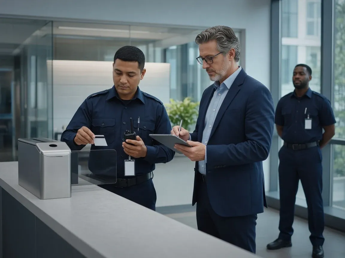 Security instructor taking notes on a tablet while a uniformed trainee checks an access card and holds a radio.