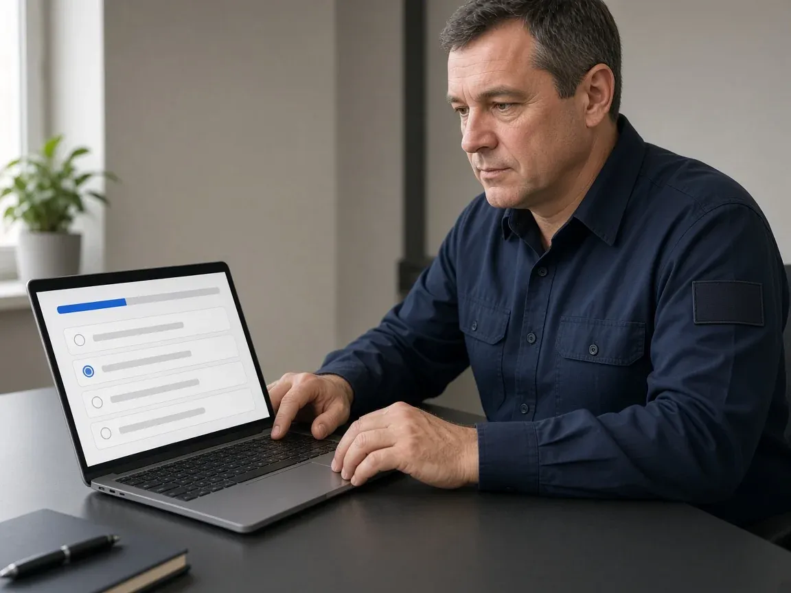 Civilian security guard completing an online quiz on a laptop