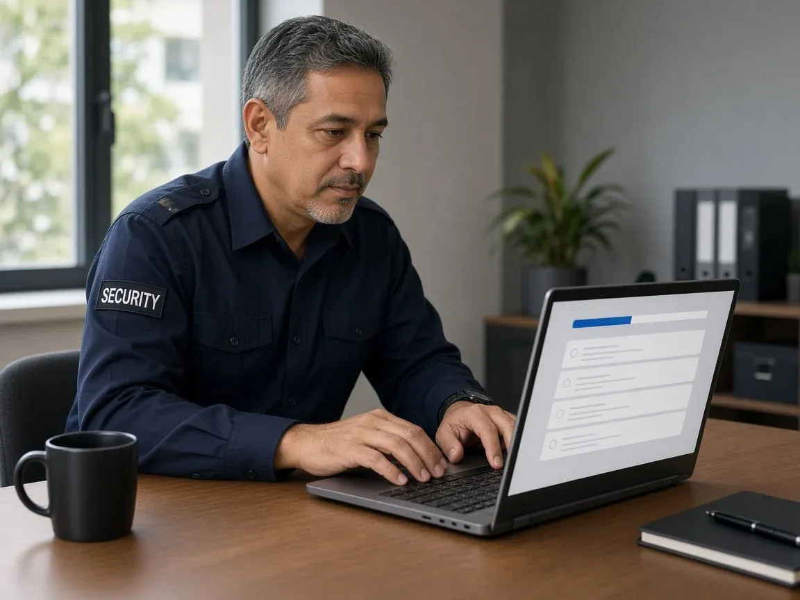 Security guard completing an online assessment on a laptop.