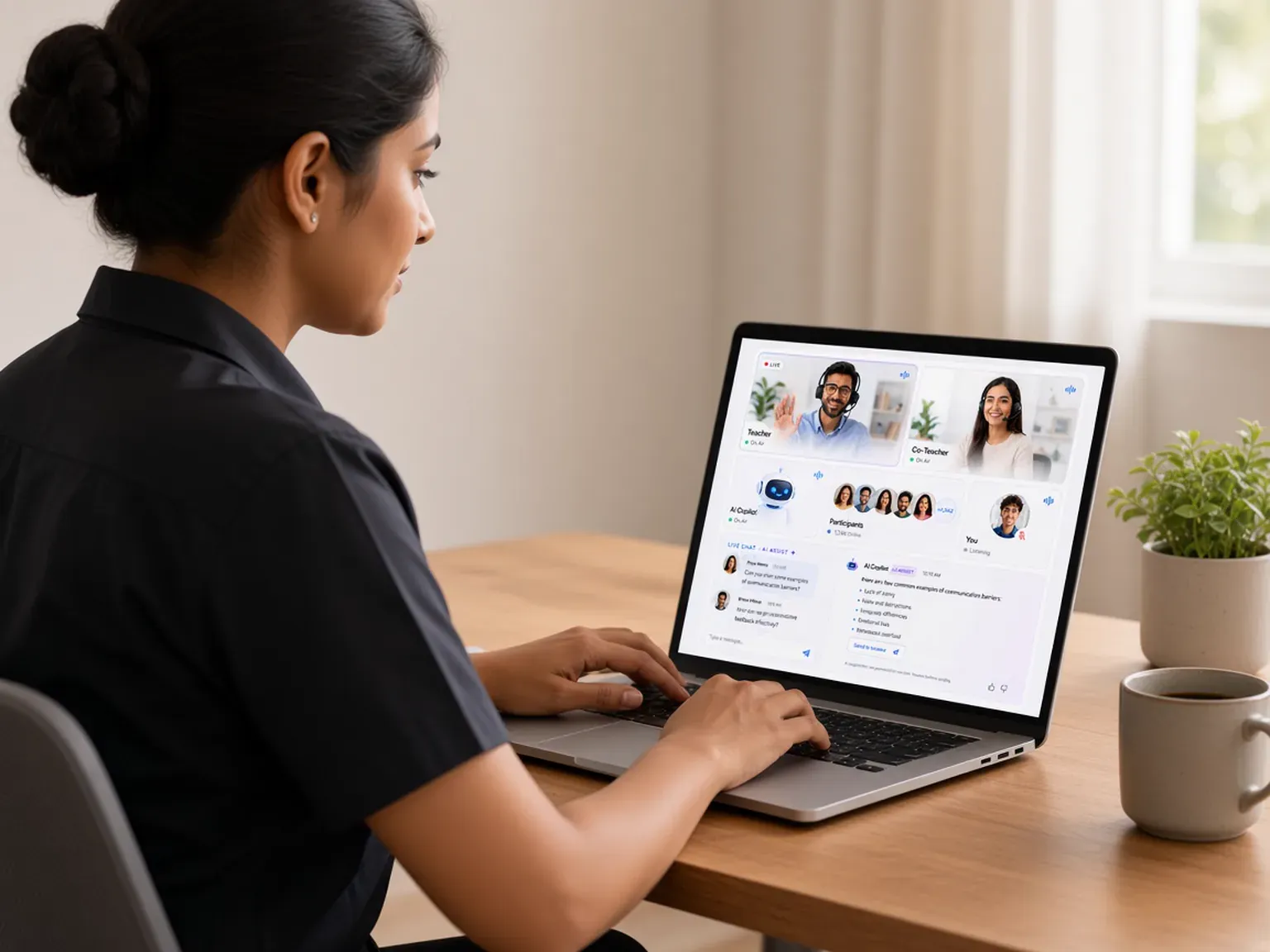 Security professional in a plain black shirt completing a live online class on a laptop