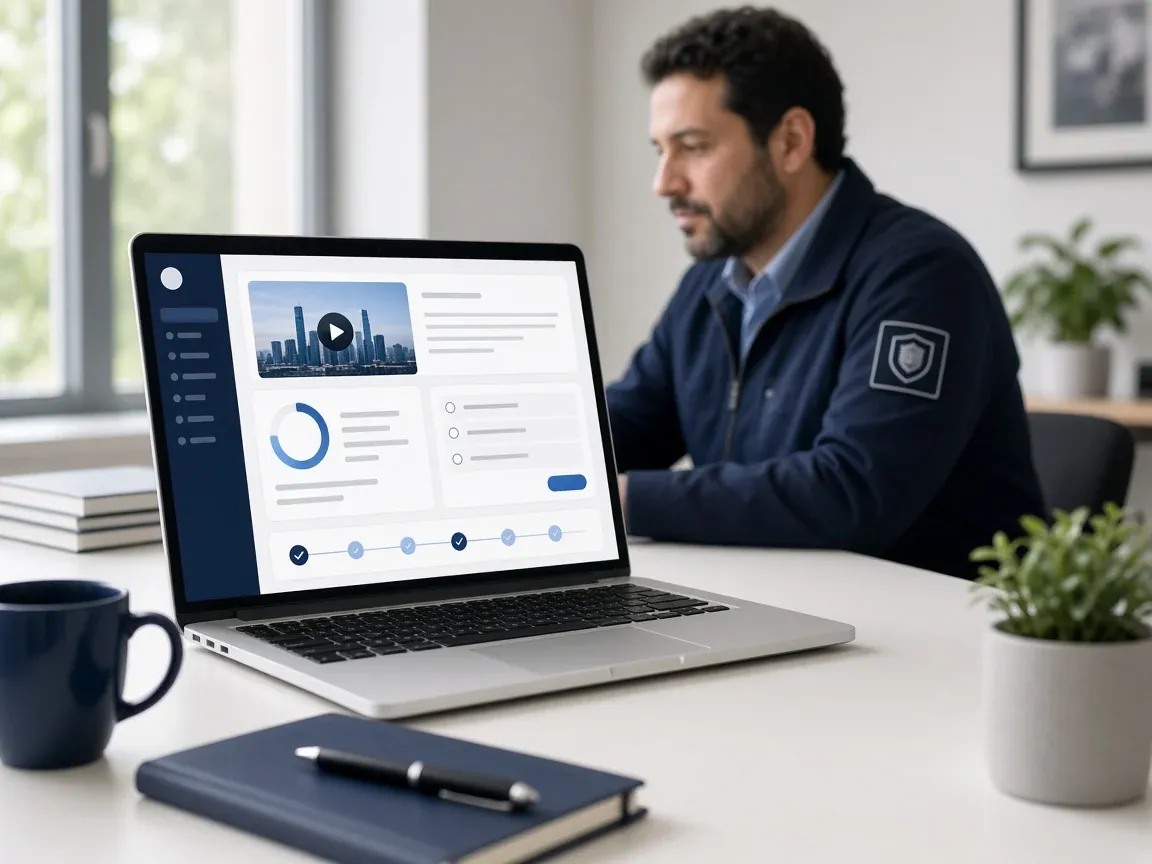 Laptop showing an online security training dashboard, with a uniformed guard learning beside it.