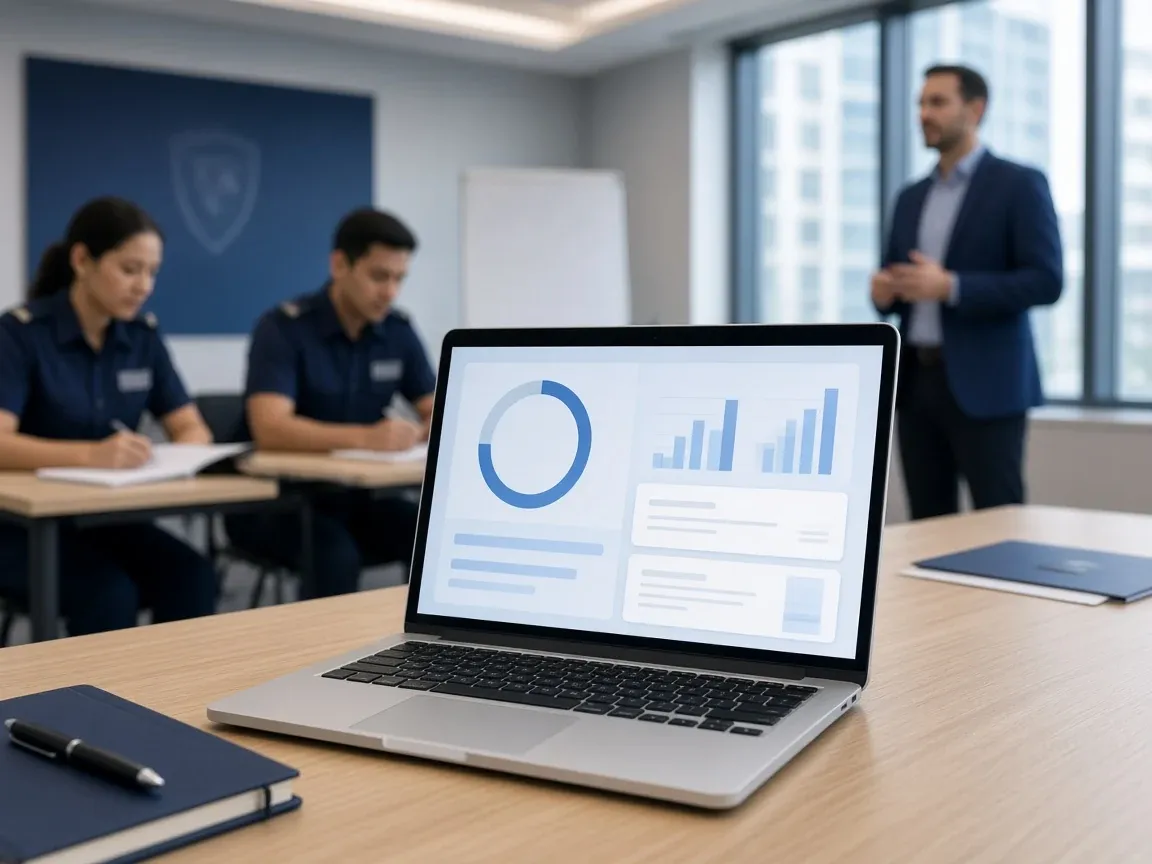 Laptop in a security academy classroom showing a course progress dashboard, with uniformed trainees and an instructor behind it.