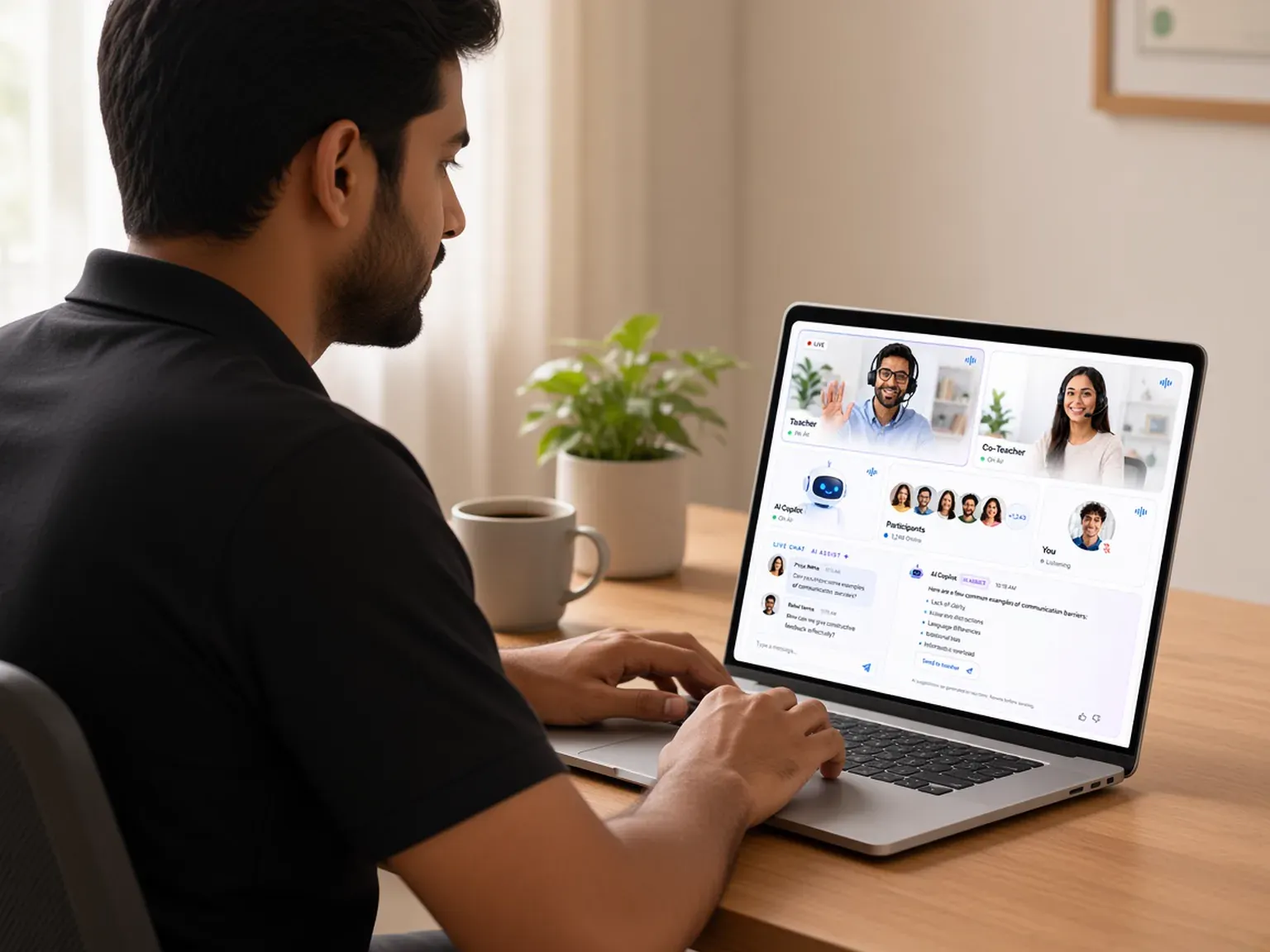Security professional in a plain black shirt completing a live online class at a home desk