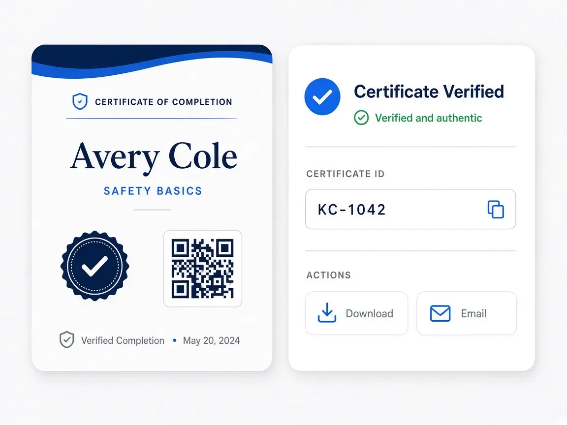Verified training certificate for Avery Cole with download and email actions