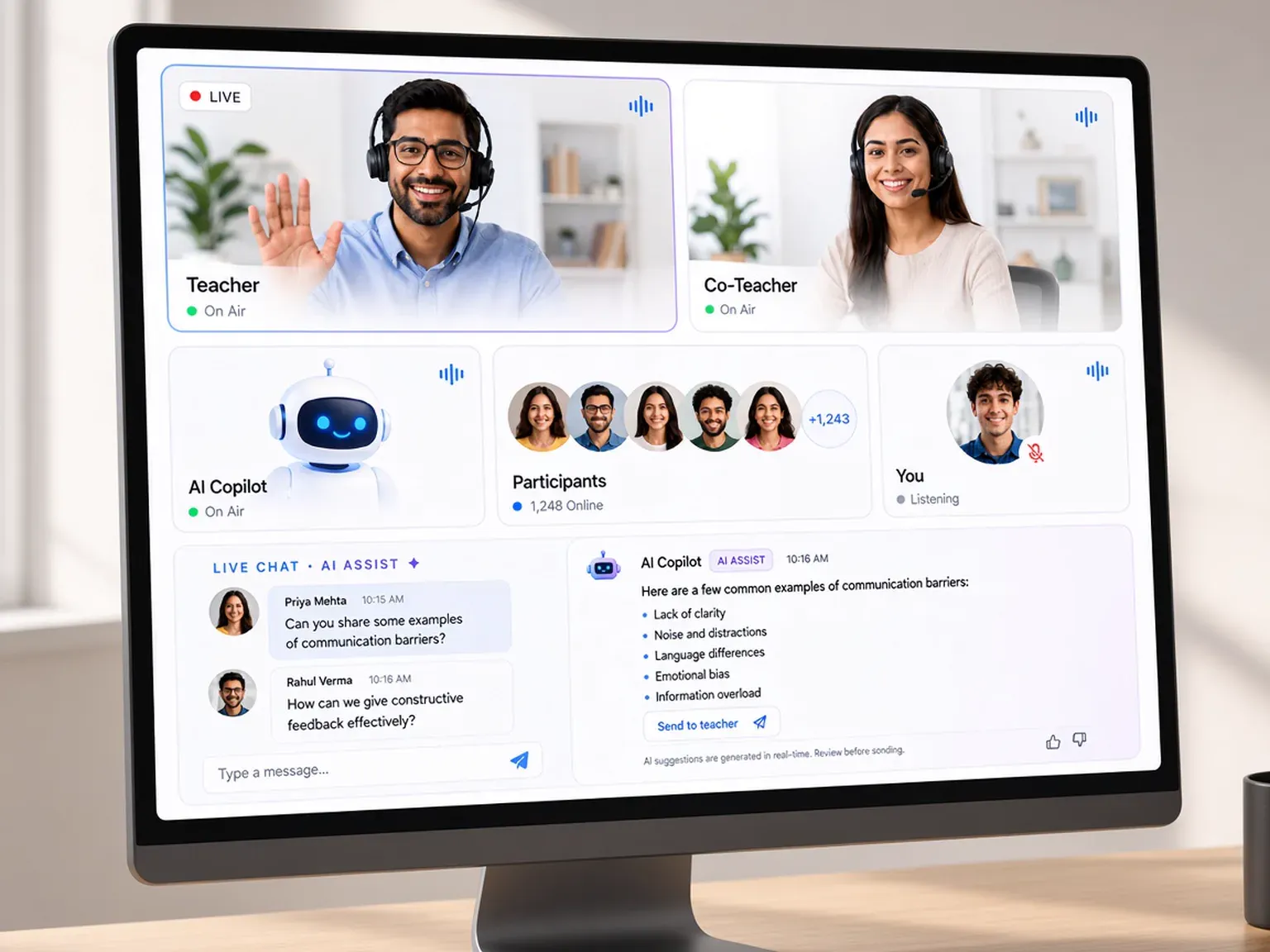 Live class screen with a teacher, co-teacher, AI copilot, participants, and live chat